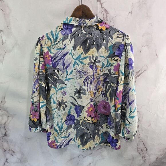 Vintage Blouse Womens Large 80s 90s Purple Blue Floral Long Sleeve Button Artsy - Picture 5 of 11
